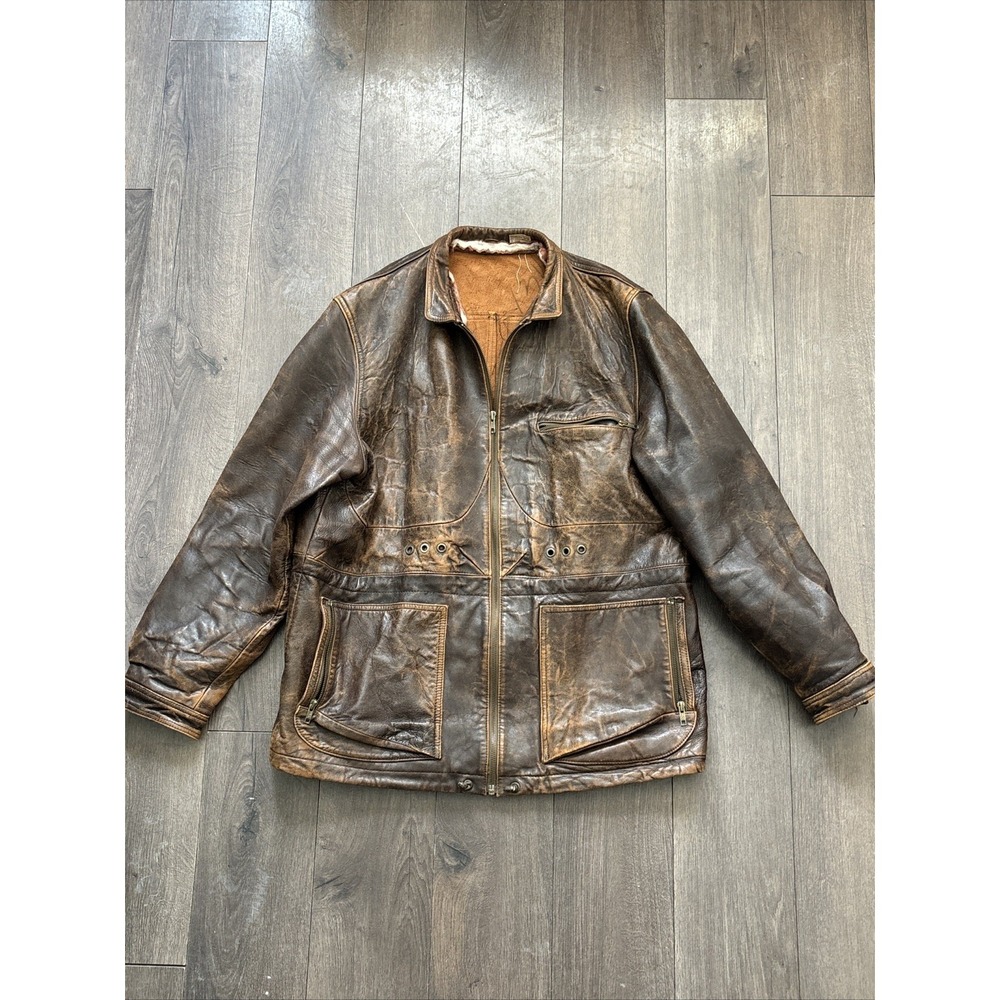Vintage Leather Jacket Mens XL Biker Faded Brown Aviator Bomber Grunge‎